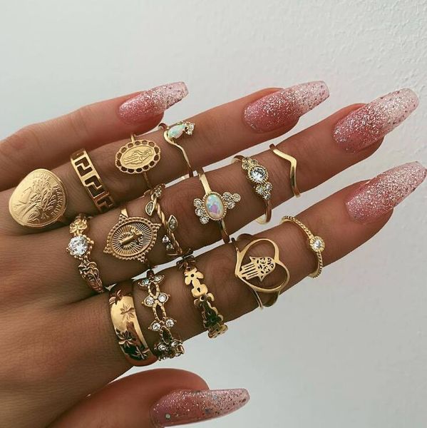 

15pcs/set retro beauty head gold coin cross patterns love fatima hand ring set ing, Golden;silver