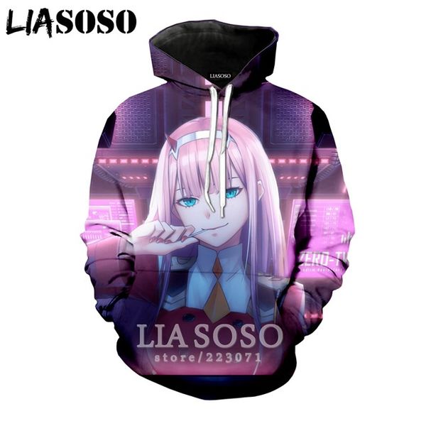 

new 3d print winter fashion sweatshirt trousers men women anime darling in the franxx hoodies long-sleeved pullover coat, Black