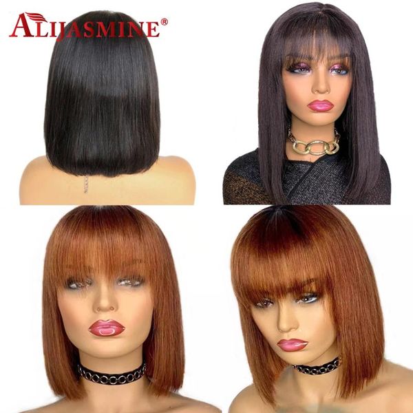 

short bob straight bang wig brazilian remy honey blonde lace front human hair wigs with front bang for women 150 density bob wig, Black;brown