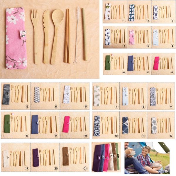 

7 шт. / компл. портативный набор столовых приборов на открытом воздухе путешествия бамбук столовые приборы набор нож ложка палочки для еды в