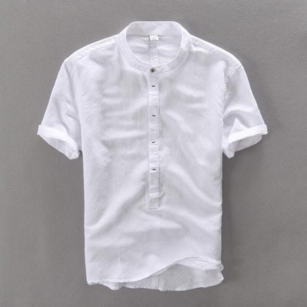 Sommer-Leinenhemd für Herren, hochwertig, lässig, mit drei Vierteln, reguläre Ärmel, bequeme Oberteile, dünne Passform, weiße Popover-Leinen-T-Shirts, männlicher Trend