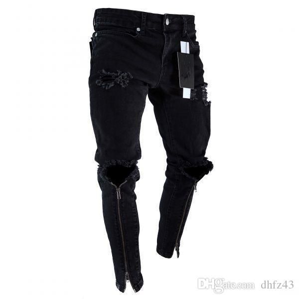 

mens zipper holes jeans black ripped slim fit represen pencil pants, Blue