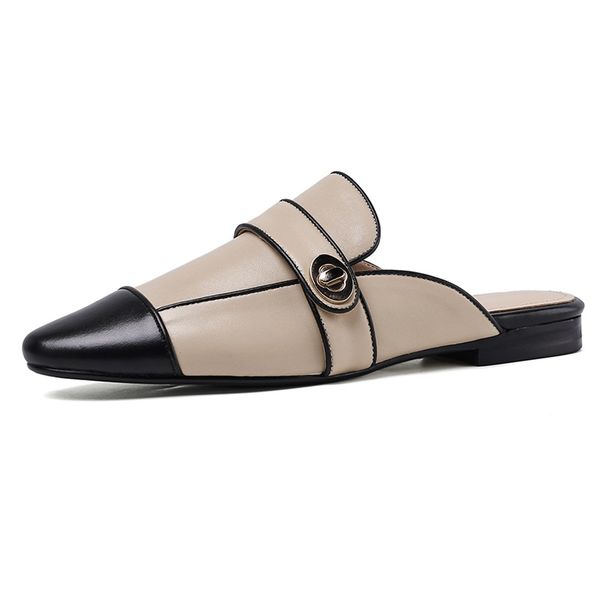 

casual shoes 2020 new fashion summer genuine leather low square heels round toe shoes woman dress casual slippers sandals 34-43, Black