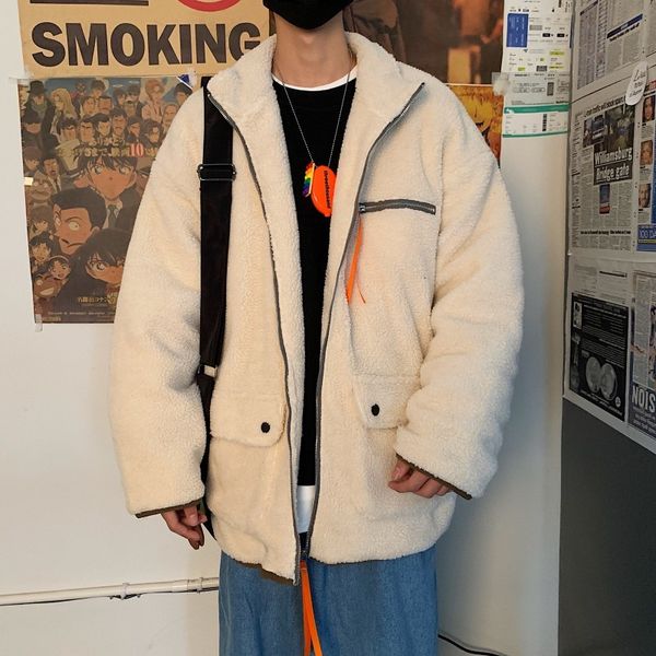 

new winter 2019 solid color printed padded jacket with thick and fleecy hoodie loose casual personality youth men's wear, Black