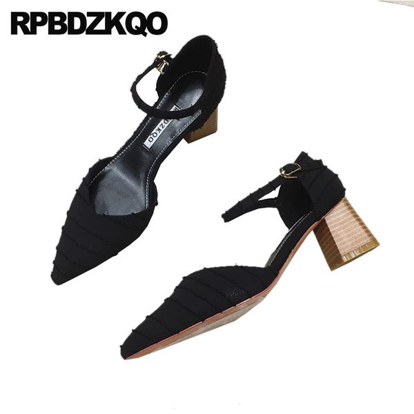 

dress shoes korean medium heels pointed toe chunky fashion ankle strap women 2021 block thick size 4 34 black pumps