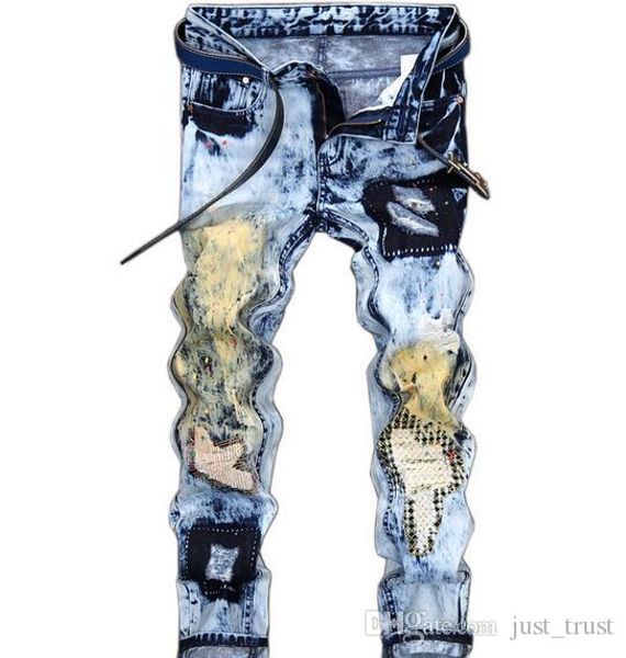 

famous popular vintage distrressed ripped motorcycle biker zipper men's jeans men's cargo pants vaqueros hombre plus size 40-42, Blue