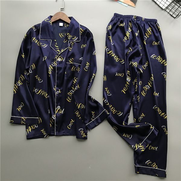 

printed satin silk mens pajamas male nightgown sleepwear autumn spring full sleeves pants 2pieces pajama set loungewear, Black;brown