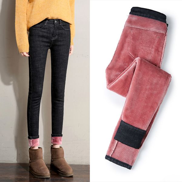 

2019 autumn winter mon jeans high waist vinatge warm thicken skinny jeans for woman plus size black ladies trousers denim, Blue