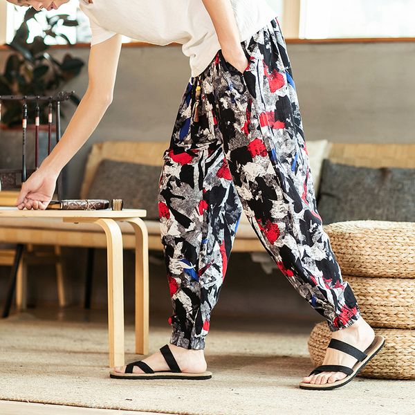 

men's pants casual trousers chinese style printed loose overalls sports feet tide harem, Black