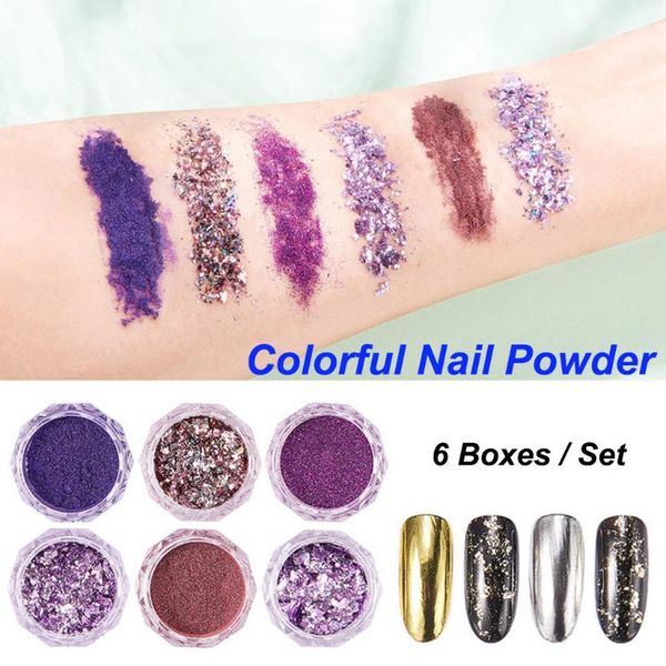 

6pc glitter sequins for nail art set multi-color magic mirror powder color foil phantom powder manicure nail art decorations, Silver;gold