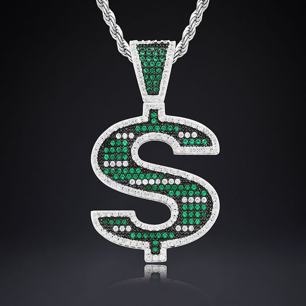 

europe and america fashion mens hip hop pendant necklace bling green cz dollar note pendant necklaces for men women with rope chain, Silver