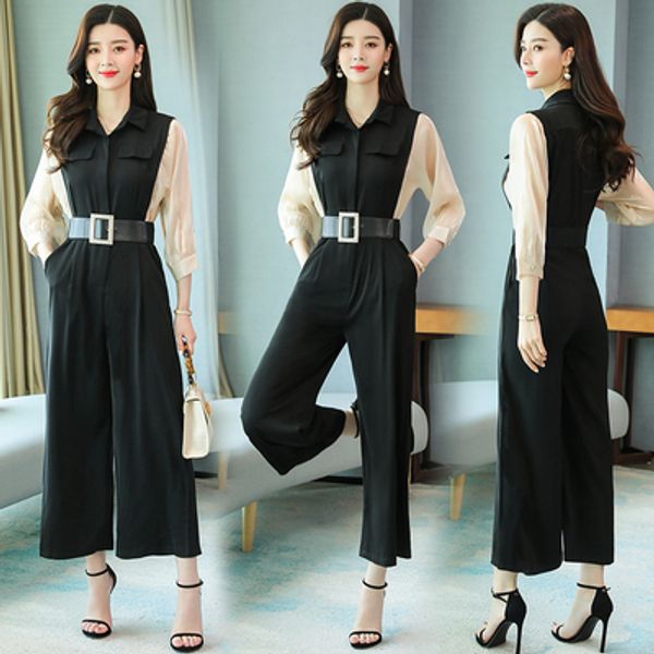 

patchwork jumpsuit wide leg sashes one piece pants combinaison pantalon femme office lady rompers womens jumpsuit salopette, Black;white