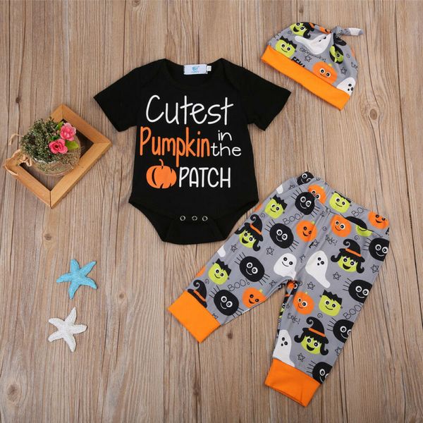

casual infant baby boy pumpkin halloween sunsuit romper+pants+hat outfits 3pcs, White