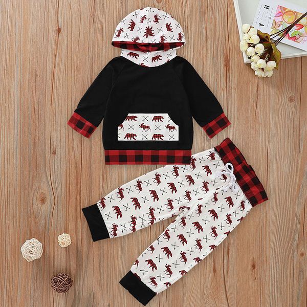 

christmas autumn long sleeve hooded hoodies cartoon elk print mids waist pants toddler kids baby clothing set 2pcs 3m-4y, White