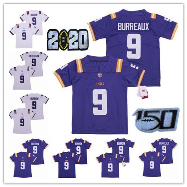 Mens NCAA LSU Tigers # 9 Joe Burrow Burreaux Youth Women Burreaux Champions Joe Burrow 150TH College Football Maglie Bianco Viola