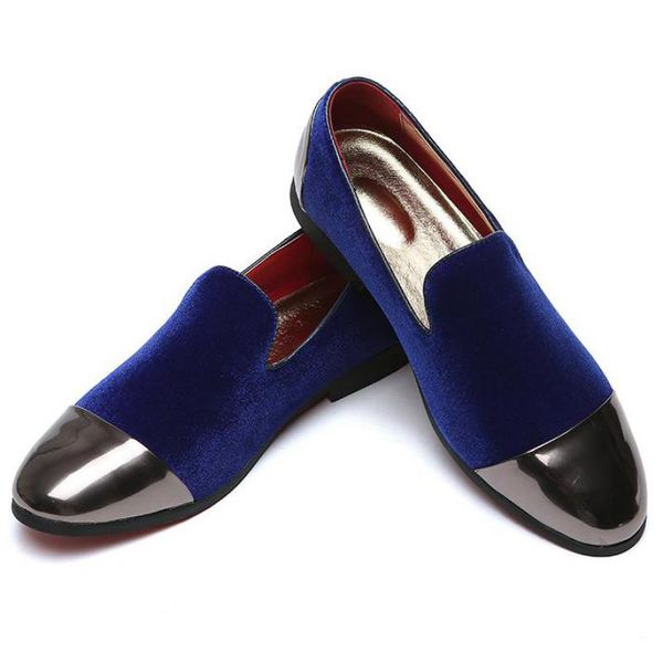 

37~48 Large Size Mens Two Color Patchwork Metallic Loafers Suede Men Pointed Toe Dress Weddings Shoes Slip On Flat Loafer Red