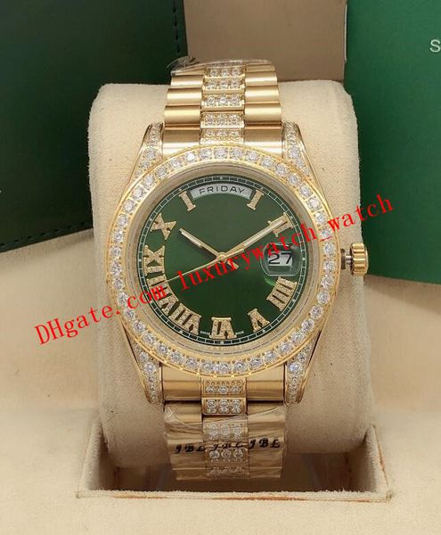 

latest version 11 style 18038 diamond roman numeral green dial 18k gold 41mm automatic fashion men's watches wristwatch, Slivery;brown
