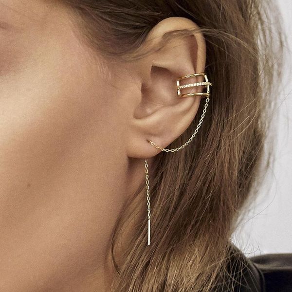

punk neutral gold earring cuff women men statement pierced chain clip earrings without piercing key alloy ear cuff set, Silver
