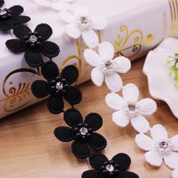 

black white pearl flower handmade beaded embroidered lace edge trim ribbon double layered applique dress diy sewing craft, Pink;blue
