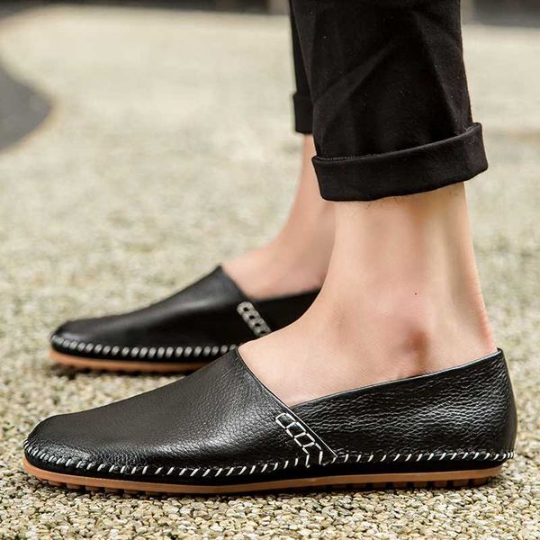 

2020 mens shoes genuine leather manual sewing men loafers driving moccasins slip-on leather fashion casual shoes man size 38-50, Black