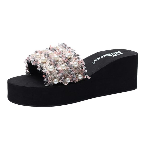

women girls fashion summer wedges bohemian style sandals slippers beach shoes thick-soled wear-resistant slipper travel apr 25, Black
