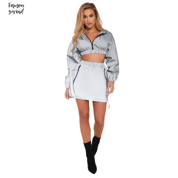 

женщины версия костюмы молнии с длинным рукавом с капюшоном толстовки crop top карманы мини-юбка ночные reflective с коротким рукавом 2 piec, White