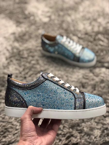 

fashion quality suede leather with box strass red bottom sneakers low lace up rhinestone leisure shoes for men & women luxury sneakers, Black