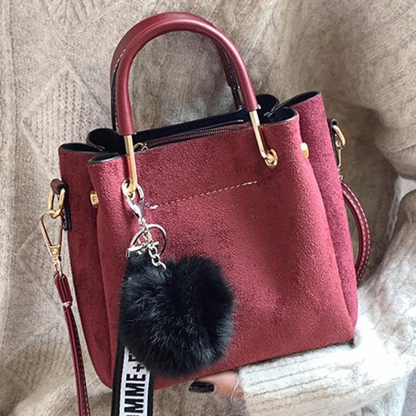 

2019 luxury women shoulder messenger bag fashion hair ball pendant handbags suede leather studded mother child bags