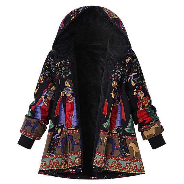 

2019 women winter hooded long sleeve vintage print fleece thicken hasp coats outwear woman coat autumn casual long coat jacket, Black