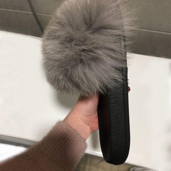 

fur slippers colorful fox fur fluffy slides indoor outdoor comfort ladies shoes real raccoon women sandals flip flops wholesale, Black