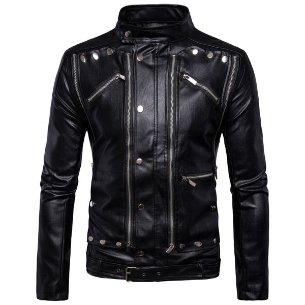 

autumn leather jackets men coats 5xl fashion stand collar more zipper motorcycle pu outerwear male leather fur coat jacket, Black