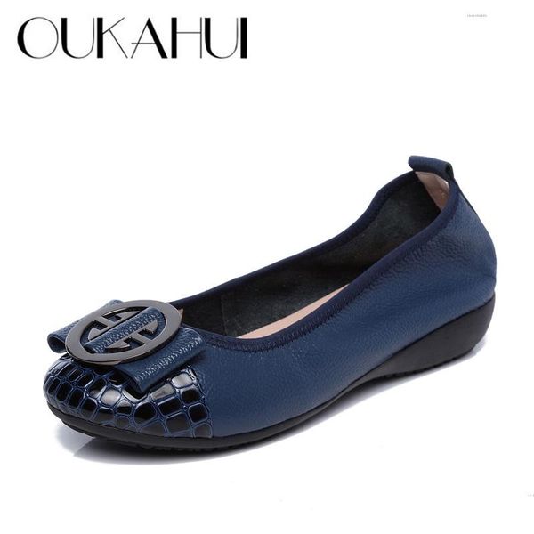 

oukahui special offer genuine leather women ballet flat shoes with women's slip-on soft metal decoration boat shoes women flats, Black