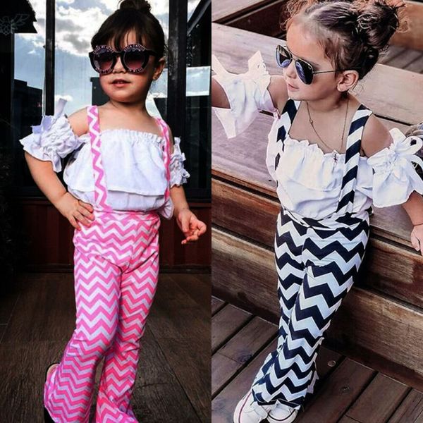 

uk 2pcs kids baby girl summer clothes ruffle ripple pants striped bow overalls outfits baby girl summer clothes sets 1-6y, White