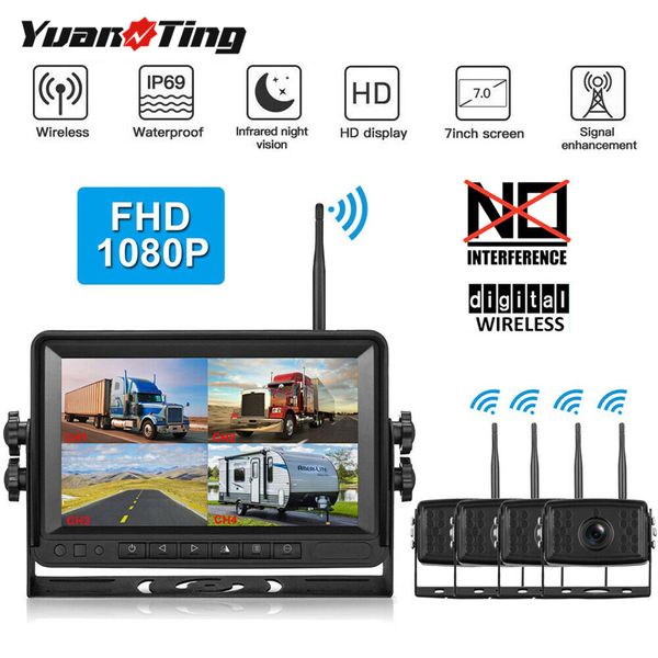 

yuanting fhd 1080p digital wireless backup camera with 7'' monitor split/quard screen for pickups trailers guide lines on/off car