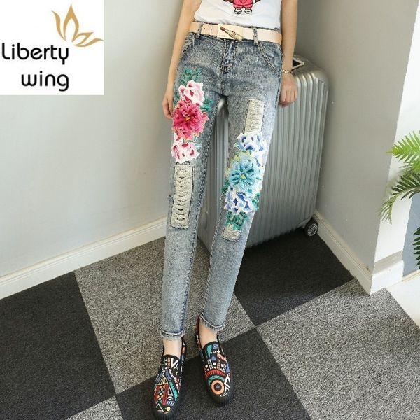 

folk style chic flower embellished denim pants costume for women ripped punk retro regular trousers jeans autumn winter clothes, Blue