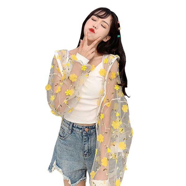 

summer korean style cover up beach blouse women mesh fairy sweet floral long sleeve teenage girl yellow cardigan shirts pink, White