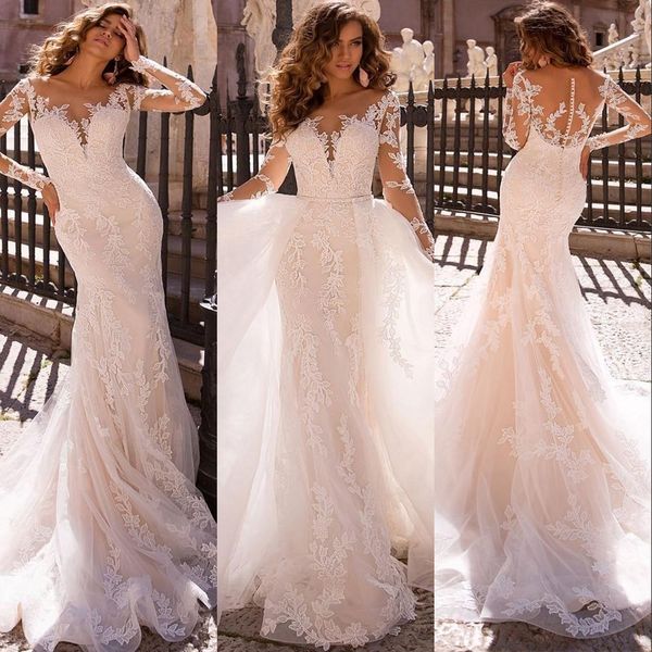 

new arabic champagne long sleeves mermaid wedding dresses sheer lace appliques with overskirts detachable train plus size bridal gowns, White