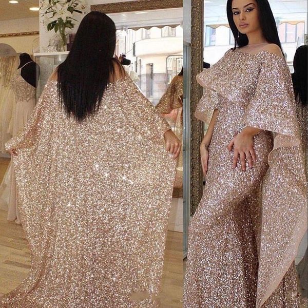 Barato Bling Rose Gold Lantejoulas Sereia Vestidos de Baile Ilusão Pescoço Longo Cabo Ruffles Árabe Oriente Médio Personalizado Plus Size Noite Go231D