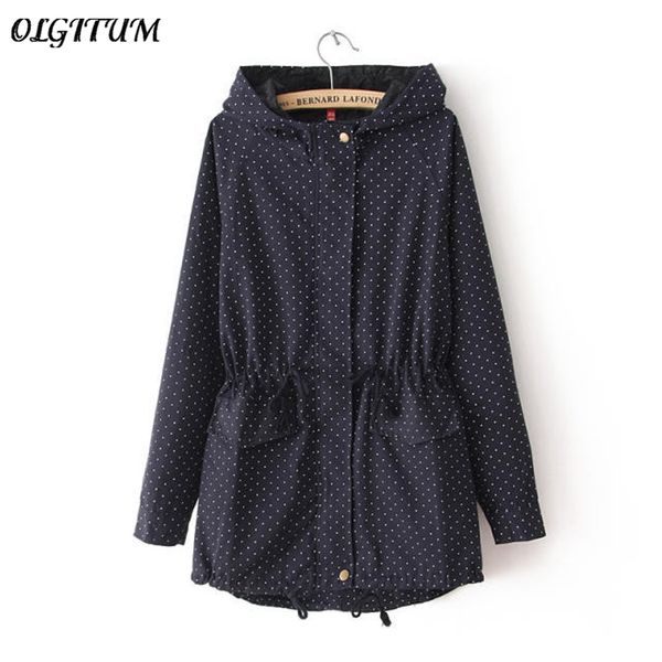 

new 2019 spring autumn europe womens polka dots coat windbreaker hooded zipper trench slim woman, Tan;black