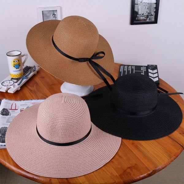 

2019 wide brim straw hats with bow summer sun hats for women casual summer shade anti uv cap women beach hat, Blue;gray