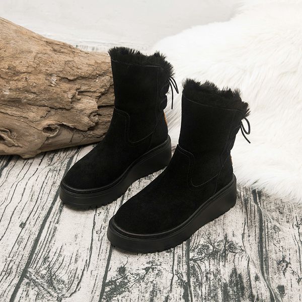 

2019 cowhide suede leather snow boots for women winter 2019 fashion round toe lace-up boots ladies shoes, Black