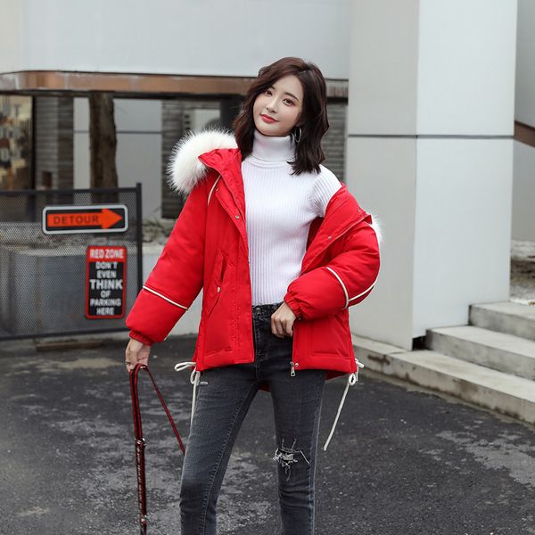 

2019 short simple lines women winter jacket cotton padded warm thicken big fur collar ladies short coats parka womens jackets, Black