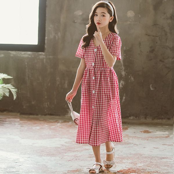 

подростка девушки платья лета 2020 длинные красный плед хлопка повседневные платья детей девушки одежды младенца вскользь кнопки платье kid, Red;yellow