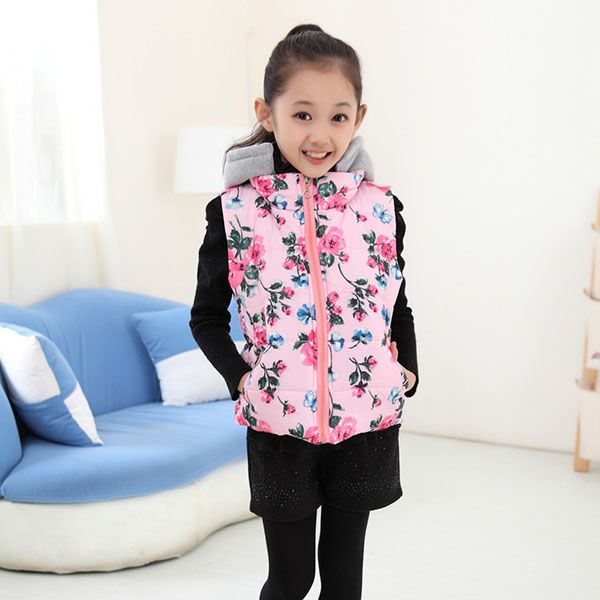 

winter children vest graffiti birds girls vest with hooded warm thick kids waistcoat, Blue
