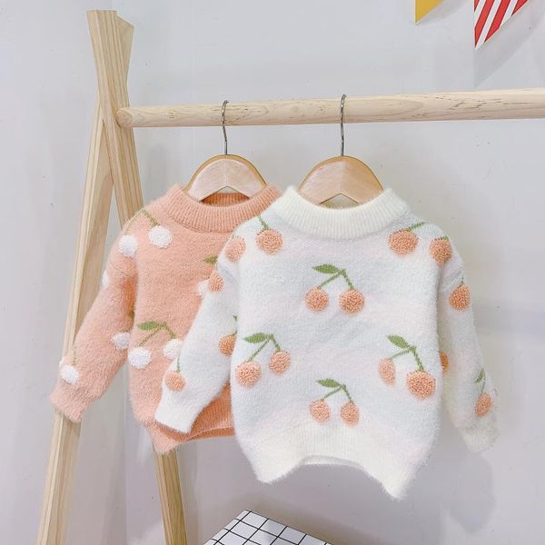 

winter girl's sweater new arrival korean style all-match cherry pattern knitted mink soft thickened sweater for cute sweet girls, Blue