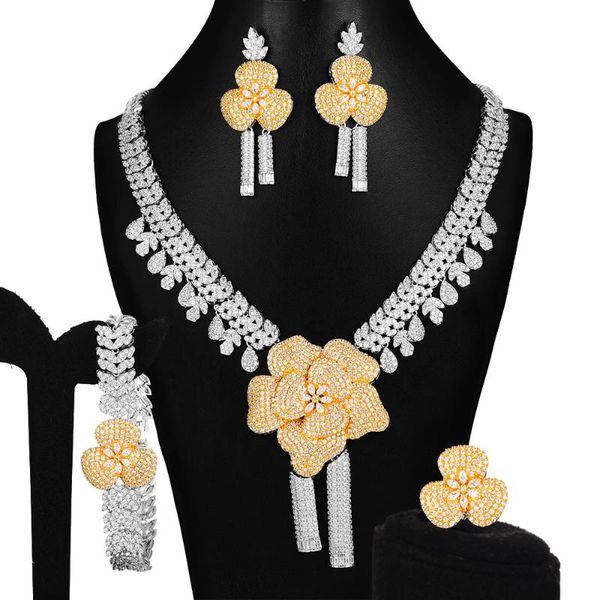 

nigerian women bridal fashion dubai wedding jewelry sets 4pcs luxury cubic zirconia flower statement brand jewelry sets 2020, Silver