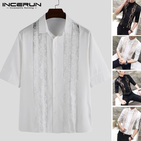 

incerun men lace patchwork shirts man half sleeve turn down collar shirt casual black party nightclub blouse fashion, White;black