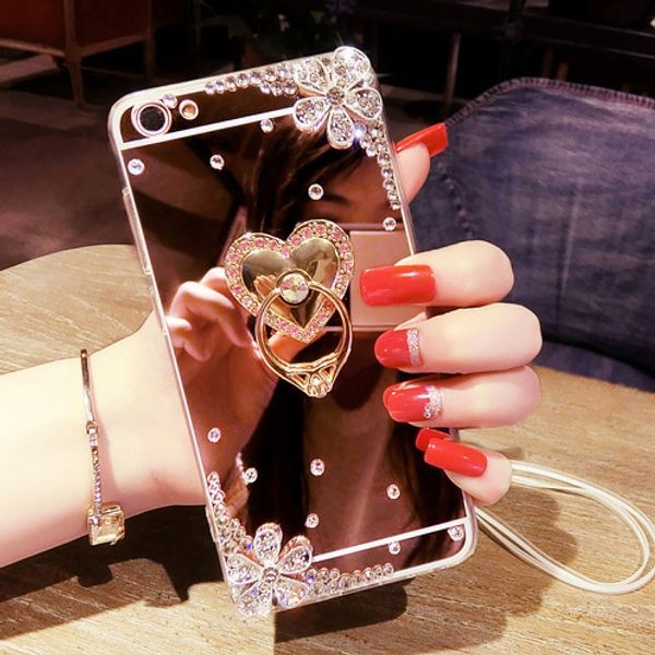 

new luxury diamond ring holder mirror cases for iphone 11 pro xs max xr x 6 7 8 6s plus phone case flowers with chain soft silicone cover