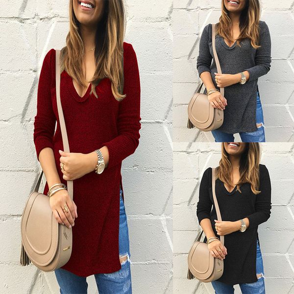 

женская дизайнерская футболка v-образным вырезом с длинным рукавом сплит-топ, White