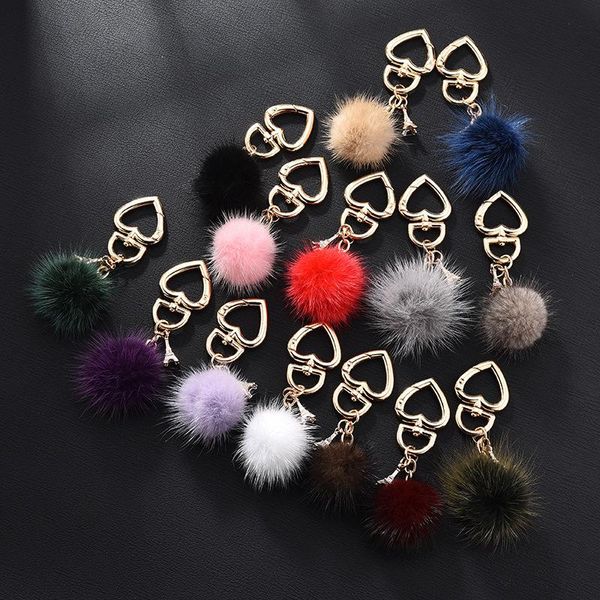 

new really mink fur ball heart key chain fur charm car key ring love plush pendant keychain party gift jewelry fashion keyring 15 colors, Slivery;golden
